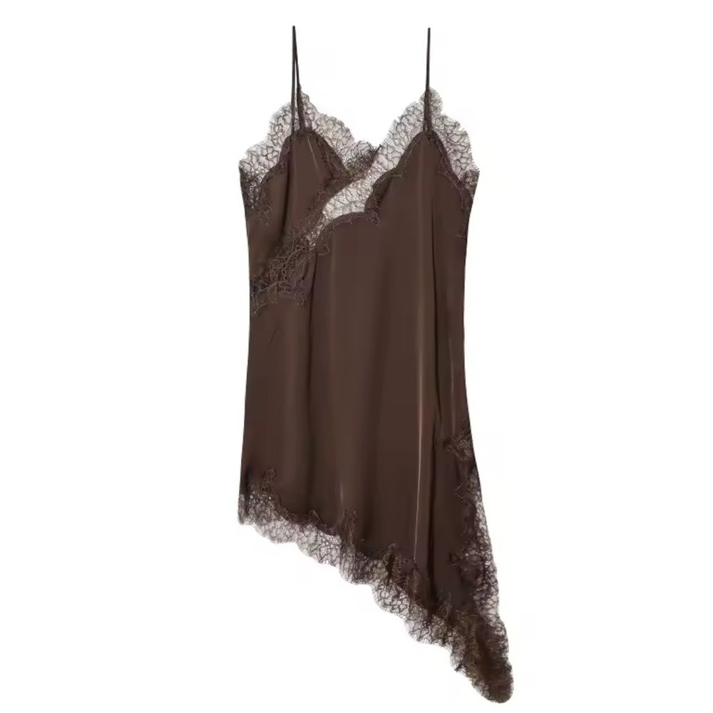 NWT - Lace Silk Slip Dress Brown - Straps - Mini Dress - Y2K -Bohemian Zara Like - Picture 3 of 5